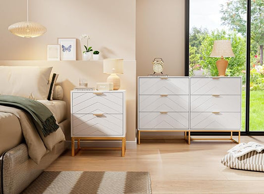 Anbuy 3 Pieces Bedroom Sets 6 Drawer Dresser and Nightstand Sets for Bedroom, Night Stand Set of 2 & 6 Drawer Dresser with Gold Handles, Morden Wood Chest of Drawers Storage Cabinet Set, White