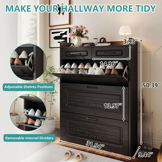 Shoe Cabinet Storage for Entryway with 3 Large Flip Drawers & 2 Storage Drawers, Narrow Shoe Organizer Cabinet Fits for Kinds of Shoes, Slim Shoe Storage Cabinet for Entryway, Hallway, Black