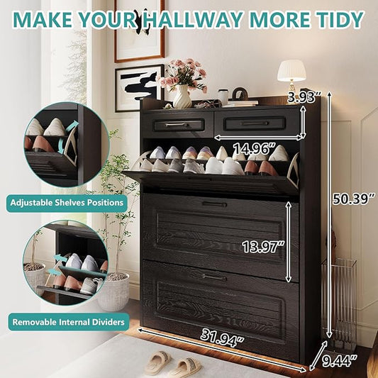 Shoe Cabinet with 3 Large Flip Drawers and 2 Storage Drawers, Narrow Shoe Organizer Cabinet Fits for Kinds of Shoes, Slim Shoe Storage Cabinet for Entryway, Hallway, Black
