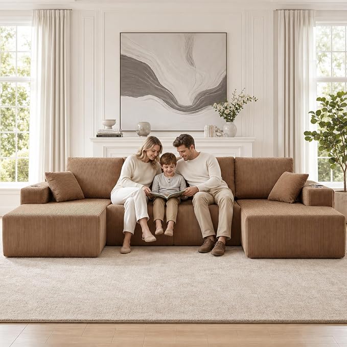 130" U-Shaped Modular Sectional Sofa with Chaise, Boneless Corduroy Flexible Module Seating for Living Room, Cloud Couch with Cup Holders and Side Pockets, No Assembly (Brown)