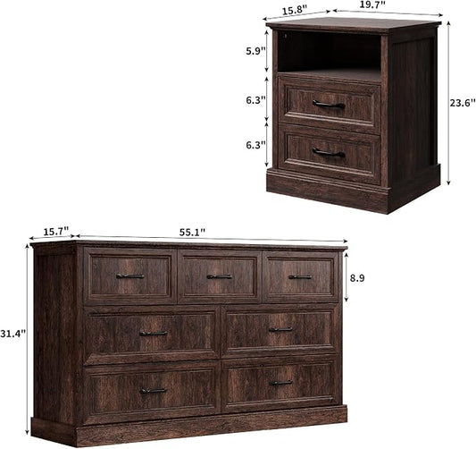 Tradare 3 Pcs Farmhouse Dresser and Nightstand Sets for Bedroom, 7 Drawer Dresser & Nightstand Set of 2, Rustic Wooden Chest of Drawers Wide Storage Organizer for Bedroom, Brown