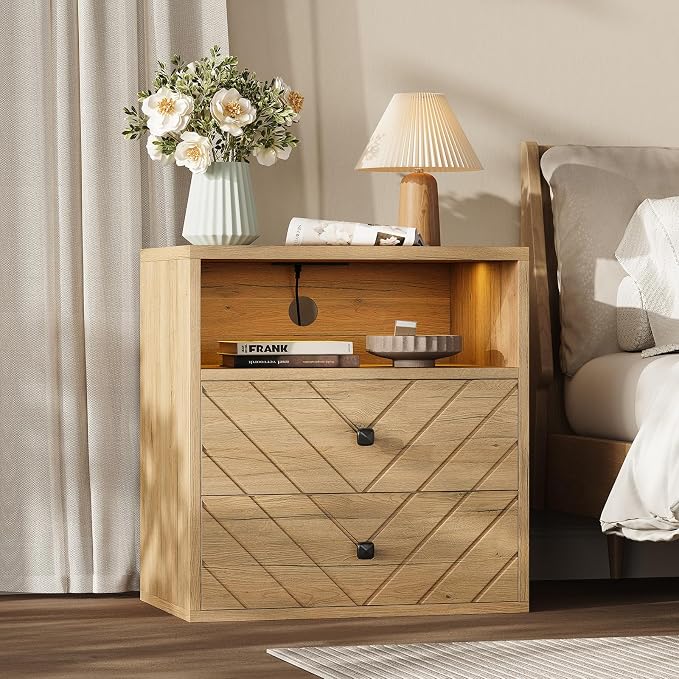 Modern Nightstand with Charging Station,LED Bedside Table with 2 Storage Drawers and Open Storage Cabinet,Wood Large End Table for Bedroom Furniture,Oak