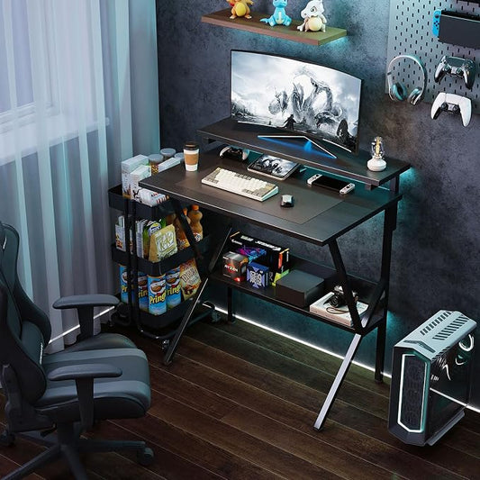 COTUBLR Small Desk, 27.5 Inch Small Computer Desk for Small Spaces, Computer Desk with Adjustable Monitor Stand, Compact Desk with Storage, Tiny Desk Study Desk for Bedroom Home Office, Black