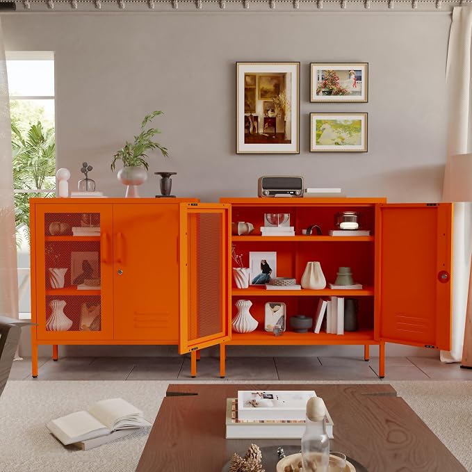 Orange Metal Locker CabinetsMetal Locker Storage Cabinet with Mesh Doors and Adjustable Shelves Coffee Bar Cabinet,Kitchen Pantry Storage Cabinets for Home, Office, Entryway and Hallway 