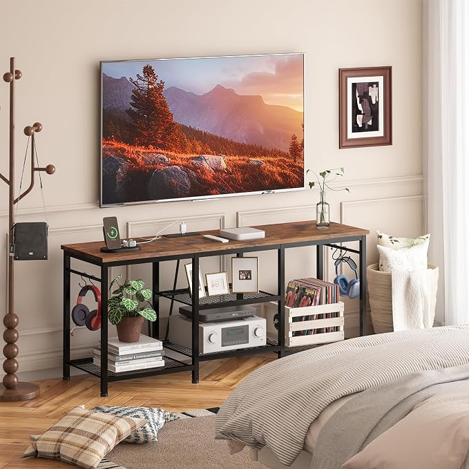 YGEOMER Entertainment Center for TVs Up to 50 Inch, TV Stand with Power Outlet and Open Storage Shelves, TV Media Console Table for Living Room and Bedroom, Rustic Brown