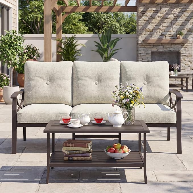 FansaFurn 3 Seats Outdoor Patio Furniture Set, Outdoor Metal Sectional Furniture with Cushions, Outdoor Conversation Set with Coffee Table for Deck, Balcony, Backyard, Garden, Khaki