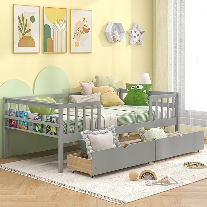 Giantex Twin Kids Bed with Storage Drawers, Wood Montessori Bed with Rails & Side Shelf, Low Daybed for Boys, Girls, No Box Spring Needed (Grey)