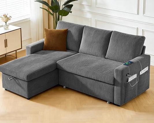 WEUP 82" L Shaped Sectional Sleeper Sofa Bed with Pull Out Bed, Sectional Sleeper Couch Pull Out Couch with Reclining Backrest/Reversible Storage Chaise/USB Ports/Tool-Free Assembly, Corduroy Grey