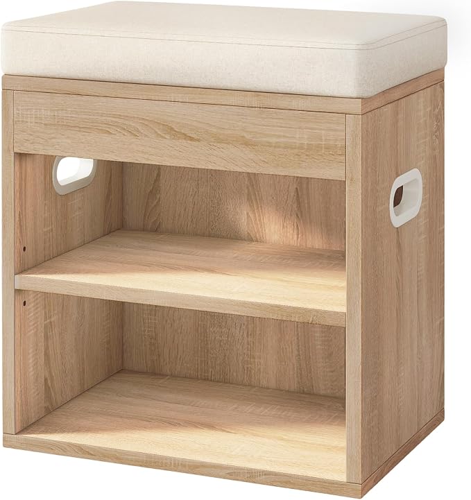 YMYNY Small Shoe Storage Bench with Cushion and Drawer, 2 Tier Adjustable Entryway Bench with Storage, Wooden Shoe Rack Bench for Entryway, Living Room, Hallway, Bedroom, Light Natural, HSC002R