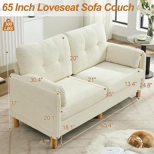 WUTUTUEE 65" Chenille Loveseat Sofa, Modern 2-Seater Love Seat Couch with Armrest Pillows, Storage Pockets, Easy Assembly, Upholstered Tufted Loveseat Sofa Couches for Living Room Bedroom, Beige