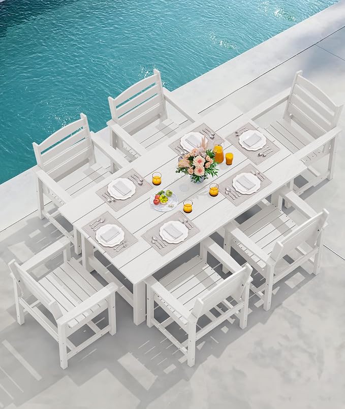 SERWALL 8-Piece Patio Dining Sets with 15FT Umbrella, Outdoor HDPE Dining Furniture Set with Umbrella Hole Cut-Out Table and 6 Chairs, White(Umbrella Base not Included)
