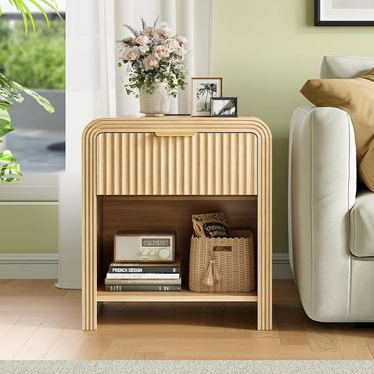 Decofy Fluted Nightstand with Charging Station, Modern Bedroom Side Table with Gold Handles, Curved Profile Design, End Table Wood Organizer for Bedroom, Open Shelf & 1 Drawers (2 Pack, Natural Oak)