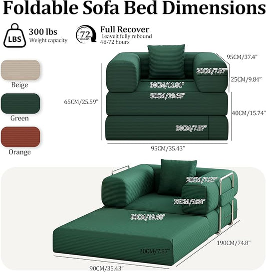 Single Couch Sofa for Small Spaces 2 in 1 Convertible Sofa to Lounger Comfy Bean Bag Chair for Adults with Removable Cover with Pillows for Bedroom, Apartment, Office (Green, 35.43" Single Sofa)