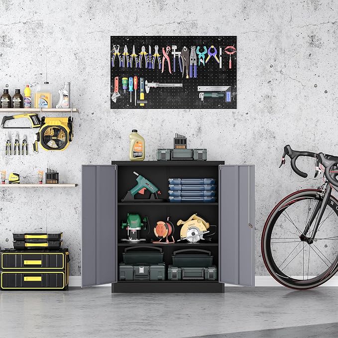 36" H Metal Storage Cabinet, Black Metal Cabinet with 2 Lockable Doors and 2 Adjustable Shelves, Garage Storage Cabinet for Home Office, Garage, School, Apartment, Warehouse