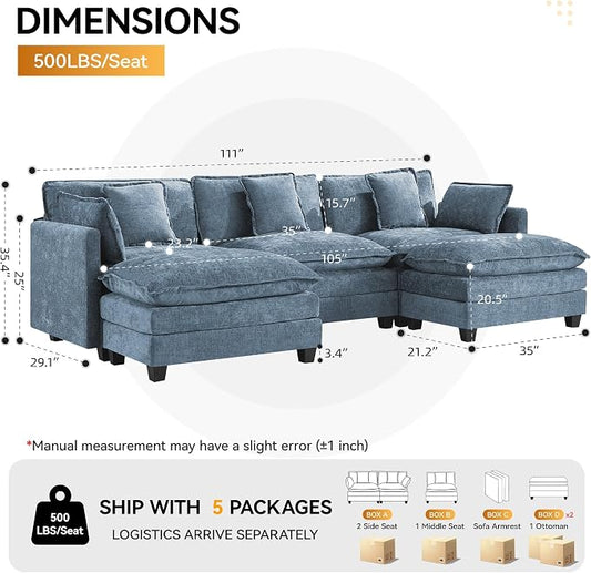 111'' Sectional Cloud Deep Seat Couch, Oversized Chenille U Shaped Sectional Sofa for Living Room Set, Comfy Upholstered Modular 5-Seats Sectional Sofa Couch with 2 Movable Ottoman, Blue
