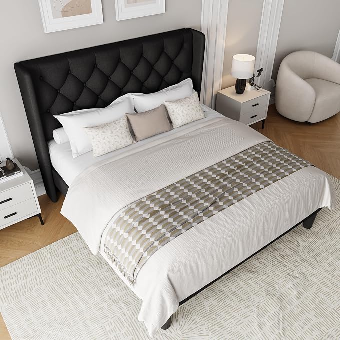 Einhomn Black Queen Size Platform Bed Frame with Fabric Upholstered Wingback Headboard, 12" Under Bed Space, Wooden & Metal Slats Support, No Box Spring Needed