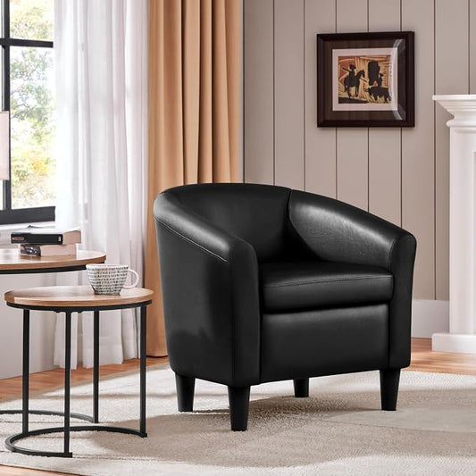 Topeakmart Faux Leather Club Chair, Modern Accent Chair and Cozy Barrel Armchair with Sturdy Legs for Living Room Bedroom Reception Room, Black