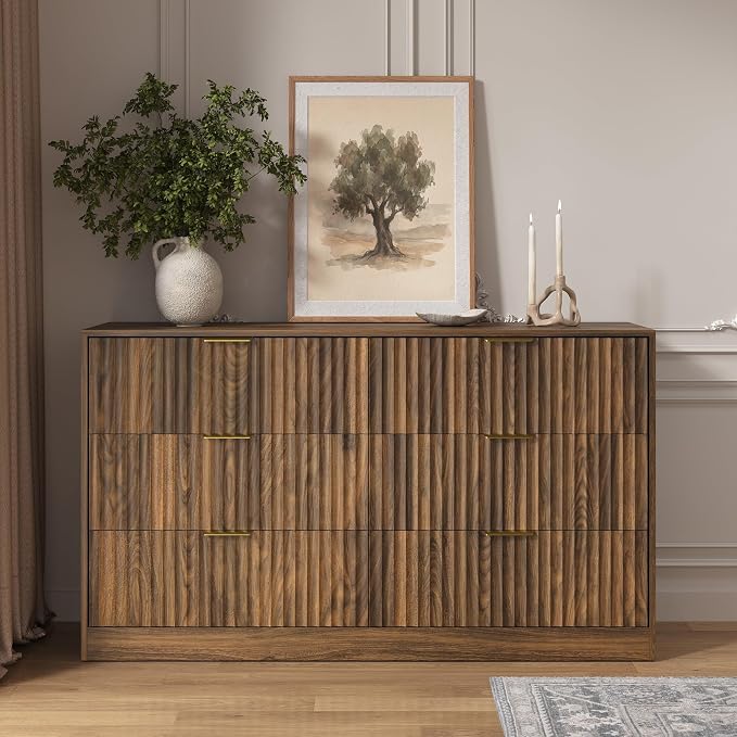 Walnut 6 Drawer Dresser for Bedroom, 55" Wide Fluted Chest of Drawers with Gold Metal Handles, Wood Dresser Storage Organizer Mid Century TV Stand for Living Room Closet Hallway
