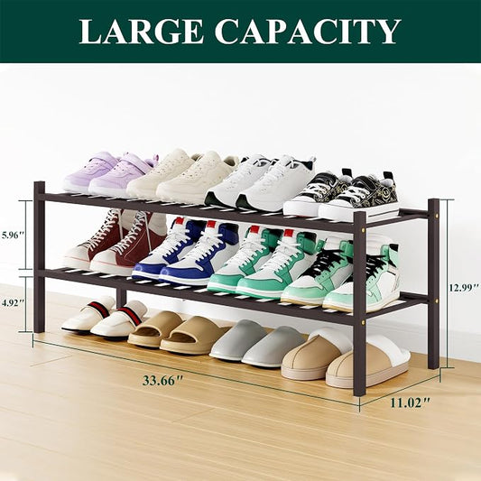 Smiry Long Bamboo Shoe Rack, 2 Tier Free Standing Wooden Shoe Organizer, Stackable Wood Shoe Storage Shelf for Closet, Entryway, 12 Vertical Slats, One-piece Standard Legs, 33.7"x11"x13", Brown