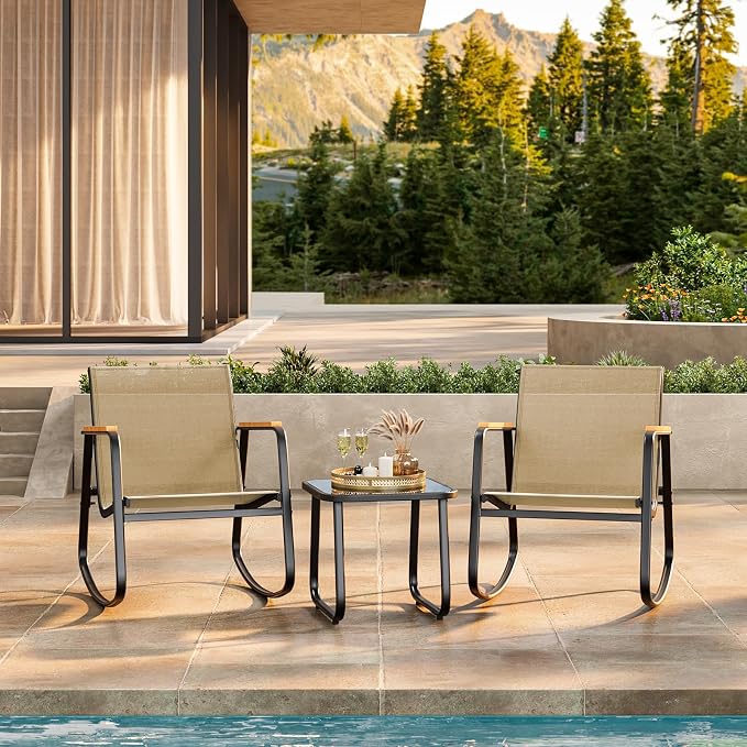Ahomly 3-Piece Outdoor Rocking Bistro Set, Outdoor Patio Furniture Set with Textilene Fabric, Patio Rocking Chairs and Glass Table for Garden Balcony Backyard Poolside Brown