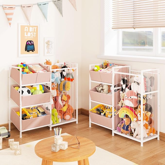 BBLIKE Stuffed Animal Storage - Kids Storage Organizer with 4 Removable Bins, Kids Storage Toy Shelf Organizer for Stuffed Animal Holder for Bedroom Playroom Nursery, Pink