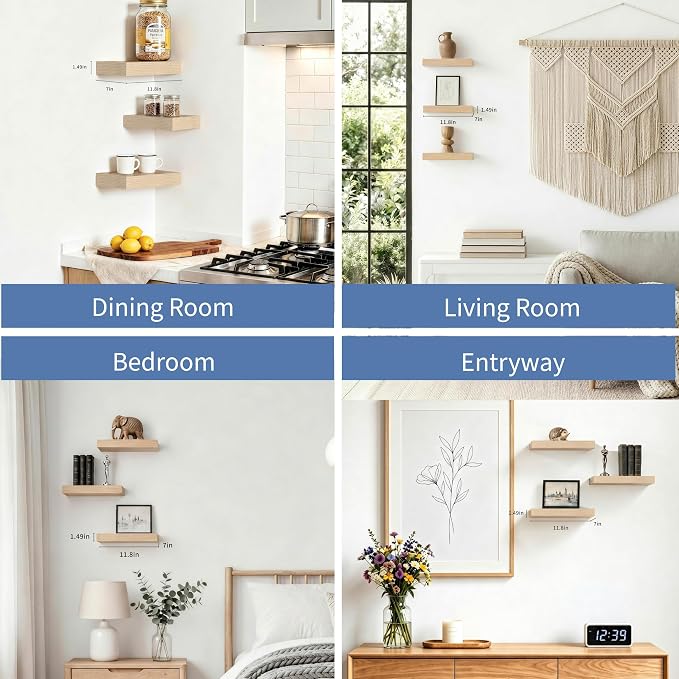 Floating Shelves, Oak Wooden Set of 3 Wall Mounted Bathroom Shelves Over Toilet, Modern Small Hanging Shelves for Bedroom Living Room Kitchen Farmhouse Home Decor, 12" x 7" x 1.5"