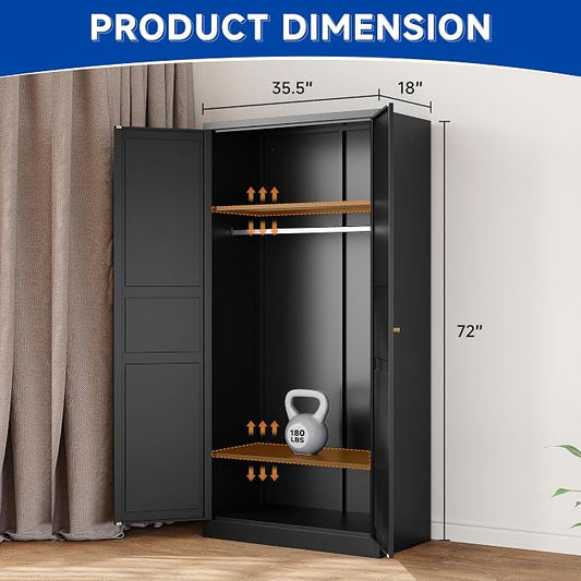 BYNSOE Metal Armoire Wardrobe Closet with 2 Doors 72'' Wardrobe Cabinet with Hanging Rail Metal Closet with Adjustable Shelves for Bedroom Require Assembly (Black, 72inch)