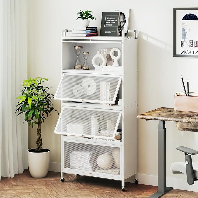 Giantex 5-Tier Kitchen Storage Cabinet, Freestanding Metal Baker's Rack w/4 Flip-up PC Doors, 4 Hooks, Adjustable Feet & Rolling Wheels, Mobile Microwave Stand for Dining Room, Living Room (White)