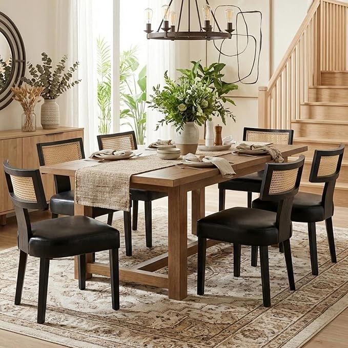 HNY Mid Century Modern Rattan Dining Chairs Set of 4, Farmhouse PU Leather Upholstered Accent Chair Curved Backrest Kitchen Chairs, with Black Hardwood Frame, Black