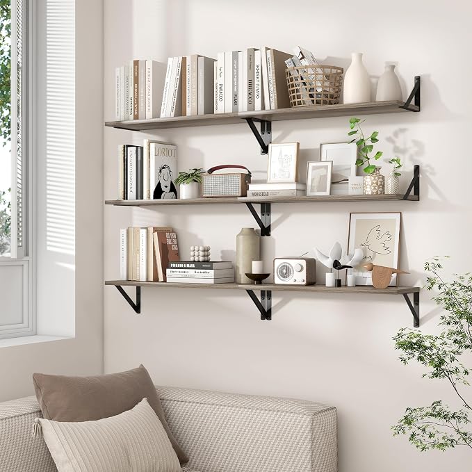 Axeman 40 Inch Grey Wood Floating Shelves for Wall Set of 2 | 8 Inch Deep Wall Shelves, Rustic Wood Bookshelf, Grey Shelves for Living Room Bathroom Bedroom Kitchen Home Office