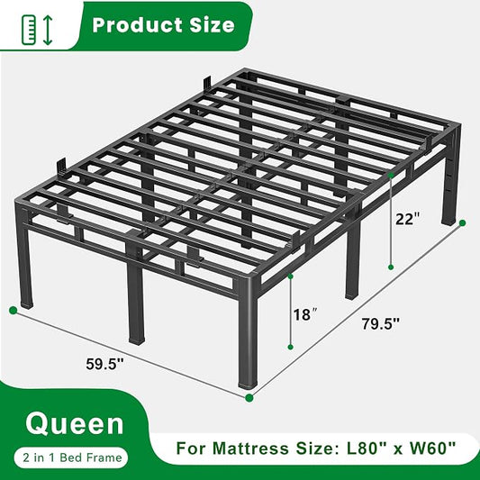 ROIL 22 Inch Queen Size Bed Frame, Metal Bed Frame & Box Spring 2 in 1 Platform with Round Corner Legs, 4000LBS Double Layer Bed Frame with Headboard Holes Mattress Baffles, Noise-Free Easy Assembly