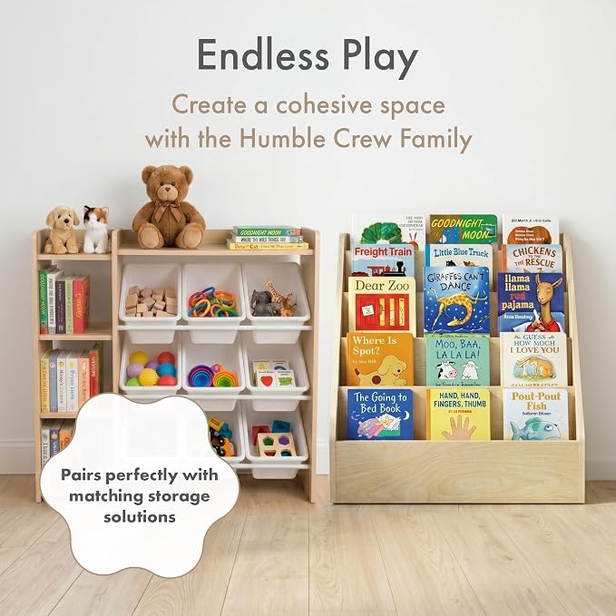 Humble Crew Toy Storage Organizer with Bookshelf, 9 Removable Storage Bins for Kids Playroom, Toy Organization and Storage, Solid Wood, Natural/White