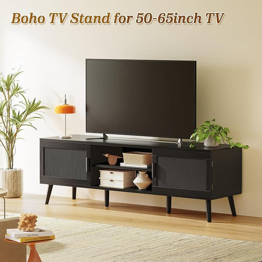 SUPERJARE TV Stand for 65 Inch TV, Entertainment Center with Adjustable Shelf, TV Console with 2 Cabinets, Media Console, Solid Wood Feet, 4 Cord Holes, for Living Room, Black