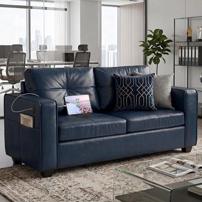 TYBOATLE 65" Faux Leather Loveseat for Bedroom, Mid-Century Modern Tufted Comfy Loveseat w/USB Charging Ports and Wide Arms, 2 Seat Office Small Couch, Blue