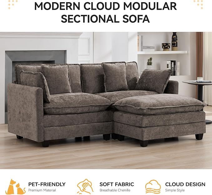 76'' Cloud Deep Seat Loveseat Sofa, Upholstered Modular 2-Seats Sectional Sofa Couch with Movable Ottoman, Modern Comfy Settee Loveseat for Living Room Set, Small Apartment, Brown