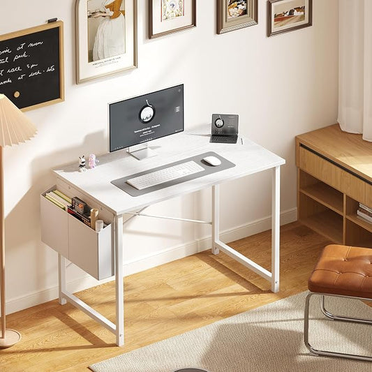 OLIXIS Small Computer Desk, 40 Inch Home Office Desks, Writing Study Craft Work Gaming Table, Computer Workstation for Bedroom Small Spaces with Storage Bag, All White