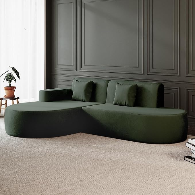 MELLCOM Modern 93" Curved Boneless Sofa Couch, L-Shaped Corner Sofa, No Assembly Needed, Chenille Upholstered Cloud Sectional Couch for Living Room, Bedroom and Apartment (Green, Left Hand Facing)