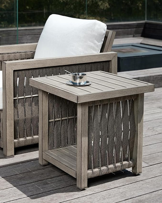 Outdoor Side Table, Aluminum Square Patio Side Table, 2-Tier Rope Weave Outdoor End Table with Adjustable Legs, Never-Rust Patio Table Outside Furniture for Garden, Pool, Beach, Deck, Gray Oak