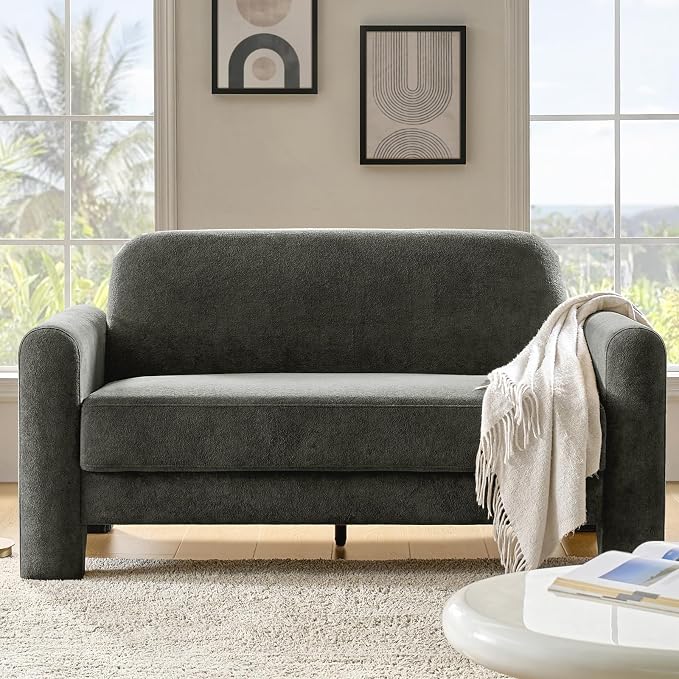 HULALA HOME 60" Modern Curved Loveseat Sofa, Comfy Chenille Couch Small Love Seat with Wrapped Armrests, 2 Seater Sofa for Living Room, Easy Assembly, Grey
