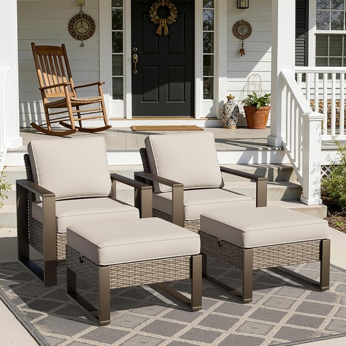 Joyside Outdoor Patio Chairs, 4 Pieces Wicker Rattan Furniture Set, 2 Patio Chairs and 2 Ottoman, Metal Wide Armrest, Thick Cushions and Deep Seating for Garden, Backyard, Porch, Deck