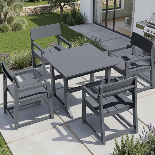 Shintenchi 5 Pieces Outdoor Dining Set,HDPE Outdoor Table and Chairs Set for 4,All Weather Patio Furniture Sets,Modern Wooden Textured Dining Sets for Backyard,Garden,Dark Grey