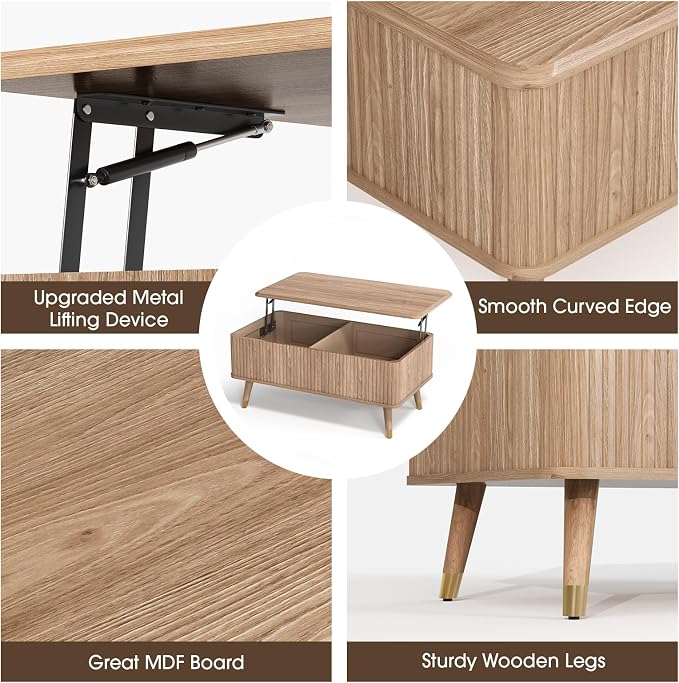 Lift Top Coffee Table with Storage, Mid Century Modern Coffee Table with Solid Wood Legs, 38" Minimalist Fluted Center Table for Living Room, Home Office, Natural Oak