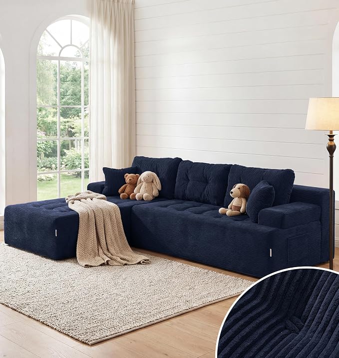 Hobestluk Modular Sectional Sofa Couches L-Shape Couch 3 Seat Modular Sofa Memory Foam Sectional Couches for Living Room, Cloud Couch with Oversized Chaise (Dark Blue Corduroy, 108", Left Hand Facing)