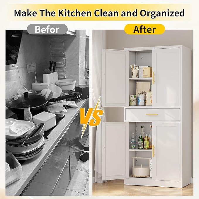 Metal Kitchen Pantry Cabinet, 71"Tall Cabinet with 1 Drawer, Doors and 2 Adjustable Shelves, Pantry Cabinets for Kitchen Storage, Metal Storage Cabinet for Kitchen, Dining Room, Living Room- White