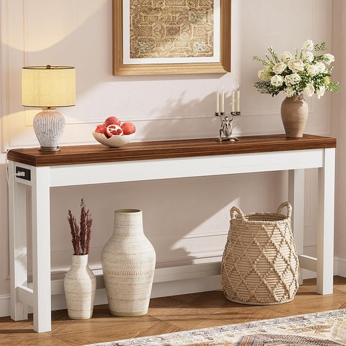 Cyclysio 63" Console Table with Charging Station, 13.8" Deep Farmhouse Sofa Table Behind Couch with 2 AC Outlets & 3 USB Ports, Long Entryway TV Console or Home Office Desk, Rustic Oak