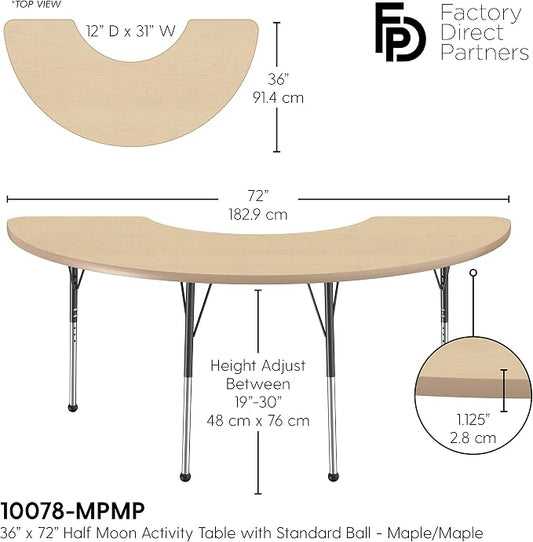FDP Half Moon Activity School and Office Table (36 x 72 inch), Standard Legs with Ball Glides for Collaborative Seating Environments, Adjustable Height 19-30 inches - Maple Top and Maple Edge