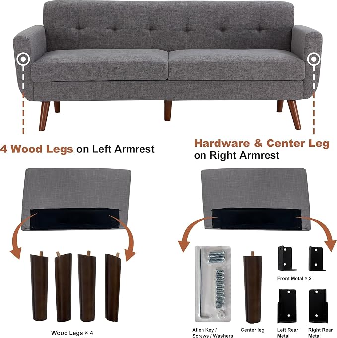 Tbfit 77.2" W Linen Sofa Couch, Mid Century Modern Decor Loveseat Couches for Living Room, Button Tufted Upholstered Small Couch for Bedroom, Solid, and Easy to Install Love Seats Furniture, Grey