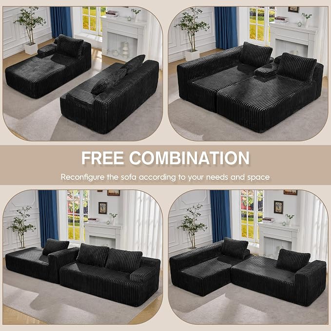 Hobestluk Boneless Couch Modular Sectional Sofa L-Shape Oversized Chaise | 108" Left Facing Chaise Black,Memory Foam,Removable Cover,Non-slip Bottom,No Assemble Required,Living Room Furniture