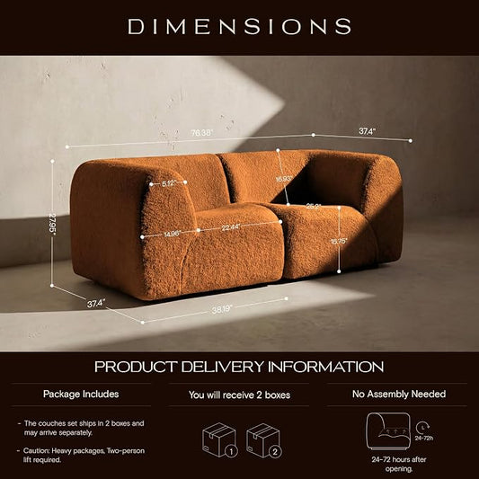 76" Loveseat Modular Sofa with High-Density Foam, 2-Piece Curved Sectional Couches, Boneless Sherpa Deep Seat Couch with Armrest, Cloud Soft Lounge Modern Sofas for Living Room – No Assembly, Brown