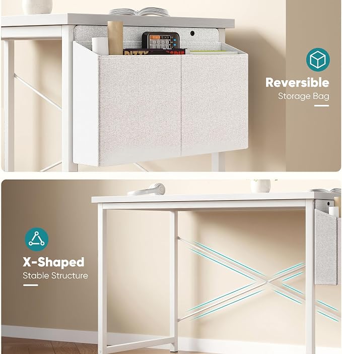 OLIXIS Computer Desk, 55 Inch Home Office Desks for Small Spaces, Writing Craft Study Gaming Table for Bedroom, Modern Computer Workstation with Storage Bag, All White